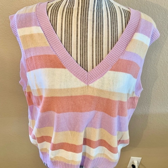 NWT Sweater Vest 2X Abound 100% Cotton Striped Knit Lilac Purple White V-Neck - Picture 2 of 13